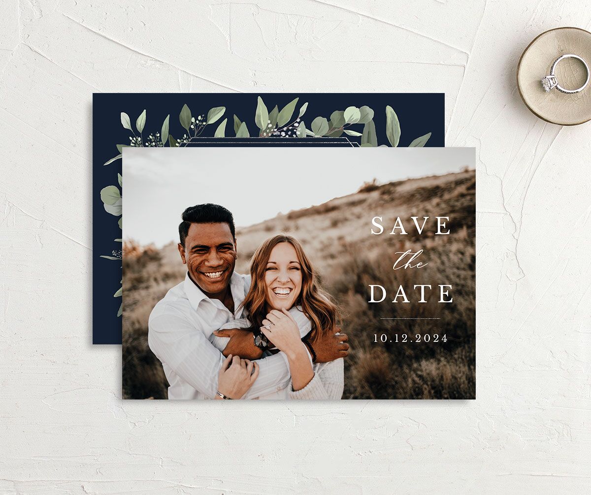 Painted Eucalyptus Save the Date Cards front-and-back in Blue