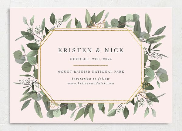 Painted Eucalyptus Save the Date Cards back in Rose Pink