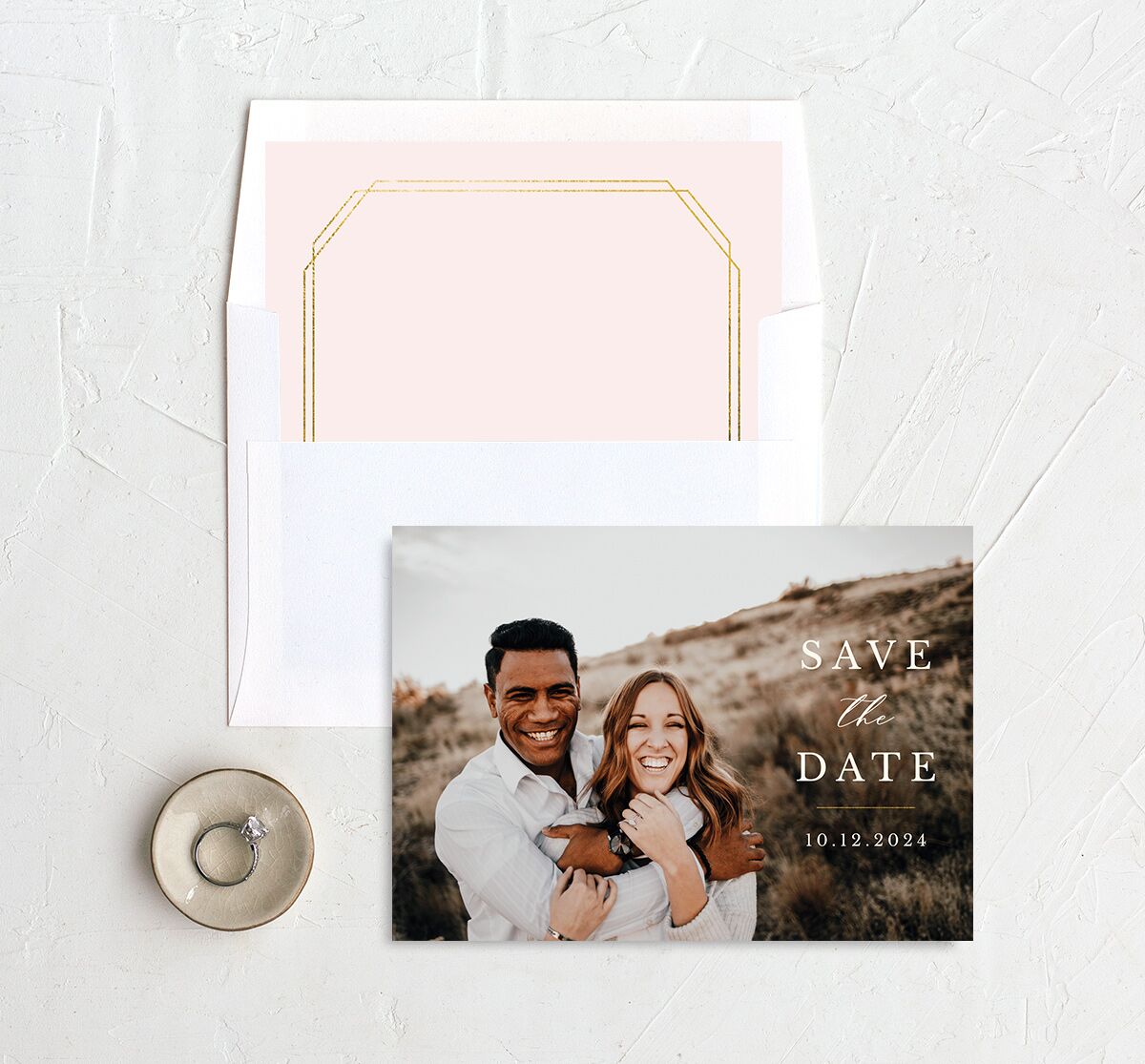 Painted Eucalyptus Save the Date Cards envelope-and-liner in Rose Pink
