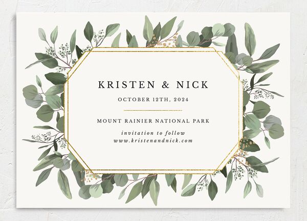 Painted Eucalyptus Save the Date Cards back in Pure White