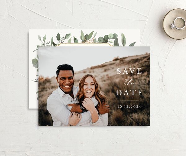 Painted Eucalyptus Save the Date Cards front-and-back in Pure White