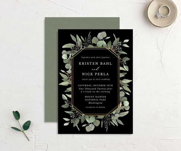 Painted Eucalyptus Wedding Invitations front-and-back in Black