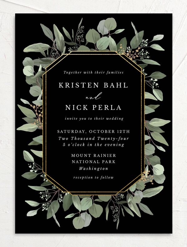 Painted Eucalyptus Wedding Invitations front in Black