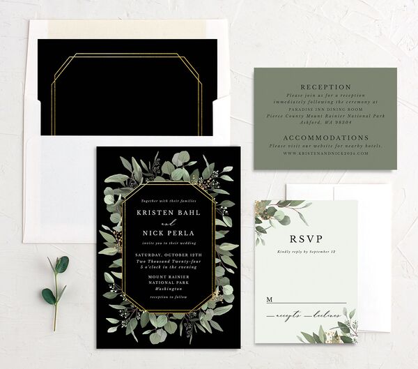 Painted Eucalyptus Wedding Invitations suite in Black