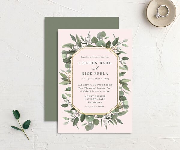 Painted Eucalyptus Wedding Invitations front-and-back in Rose Pink