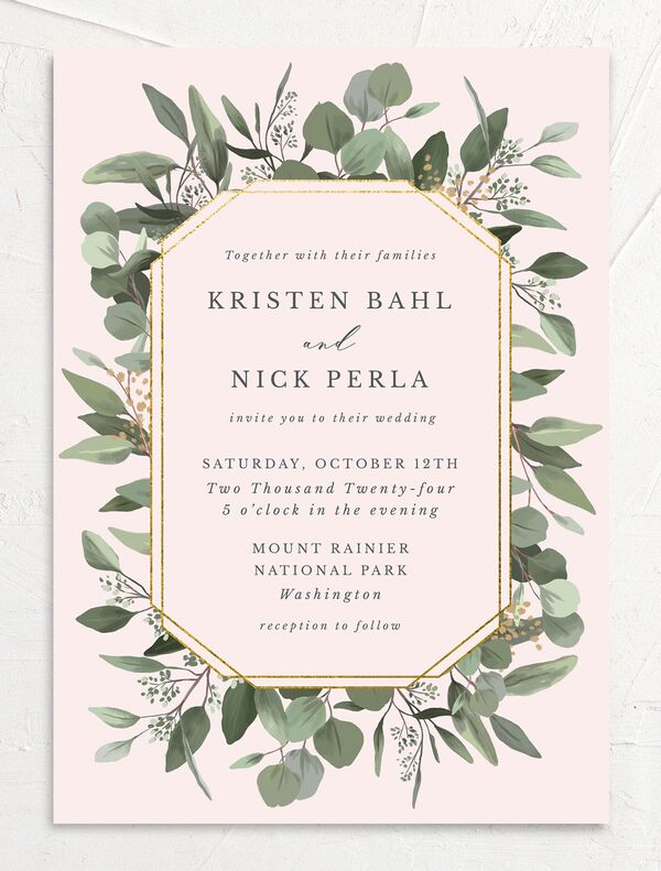Painted Eucalyptus Wedding Invitations front in Rose Pink