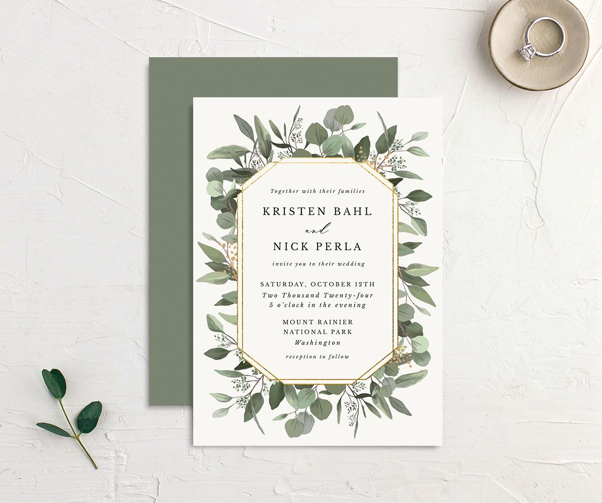 Painted Eucalyptus Wedding Invitations front-and-back in Pure White