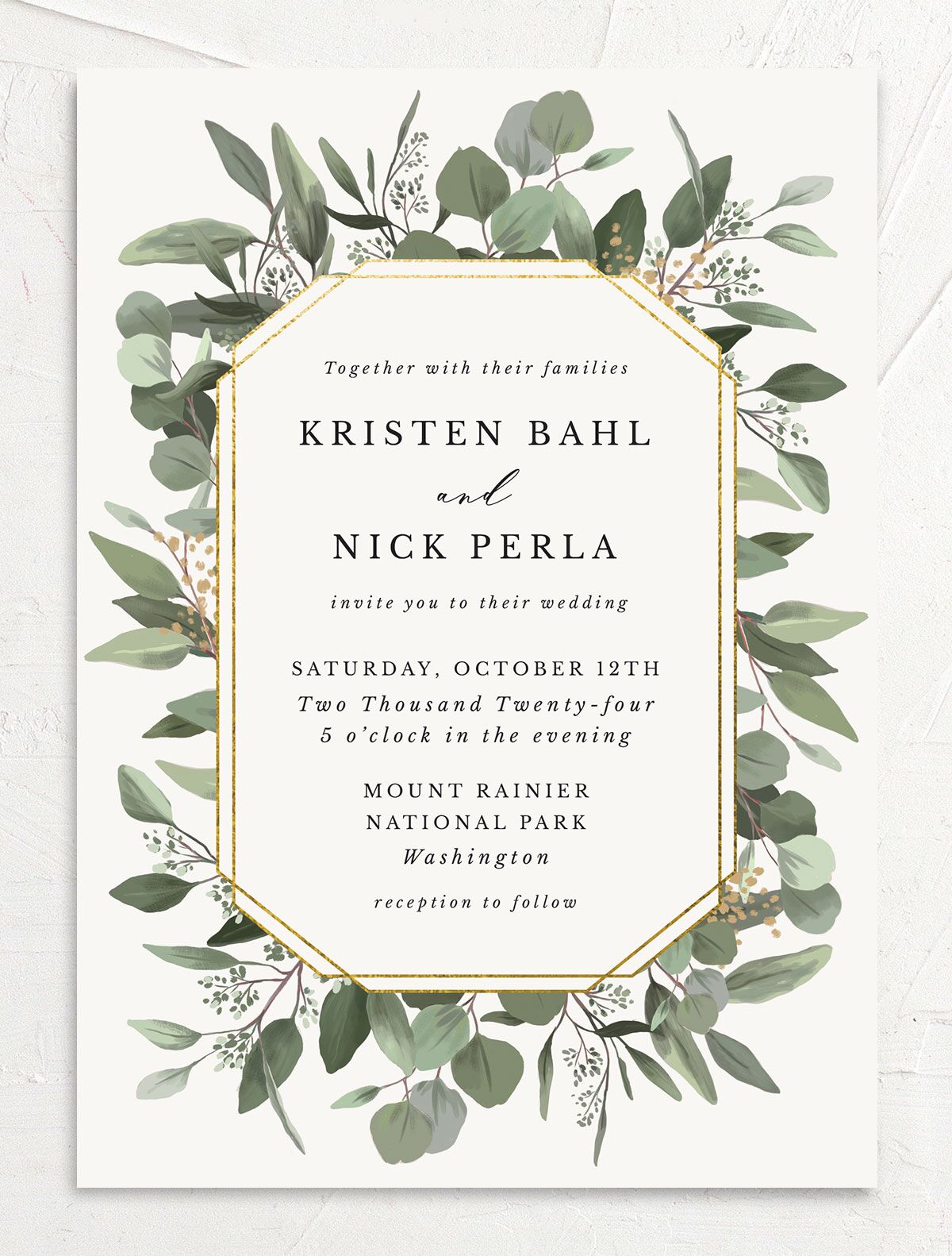 Painted Eucalyptus Wedding Invitations front in Pure White