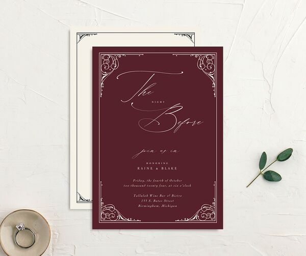 Gothic Dusk Rehearsal Dinner Invitations front-and-back in Midnight