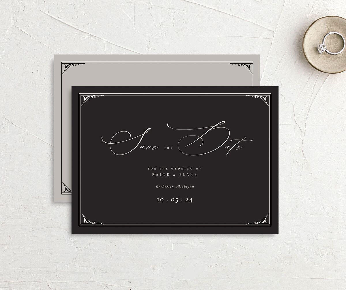 Gothic Dusk Save The Date Cards front-and-back in Midnight