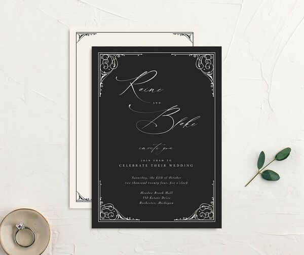 Gothic Dusk Wedding Invitations front-and-back in Midnight