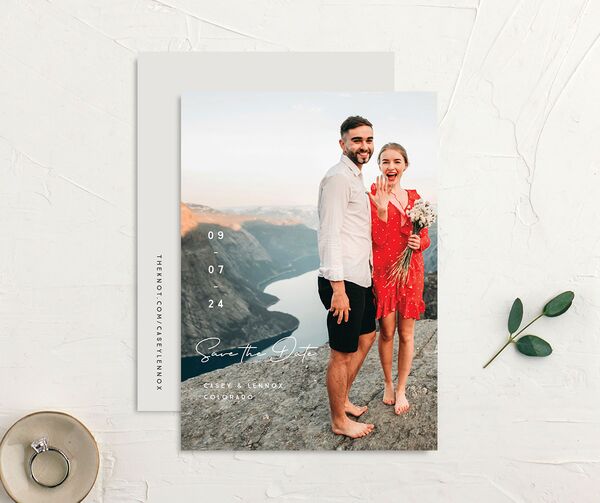 Minimalist Photography Save The Date Cards front-and-back in Silver