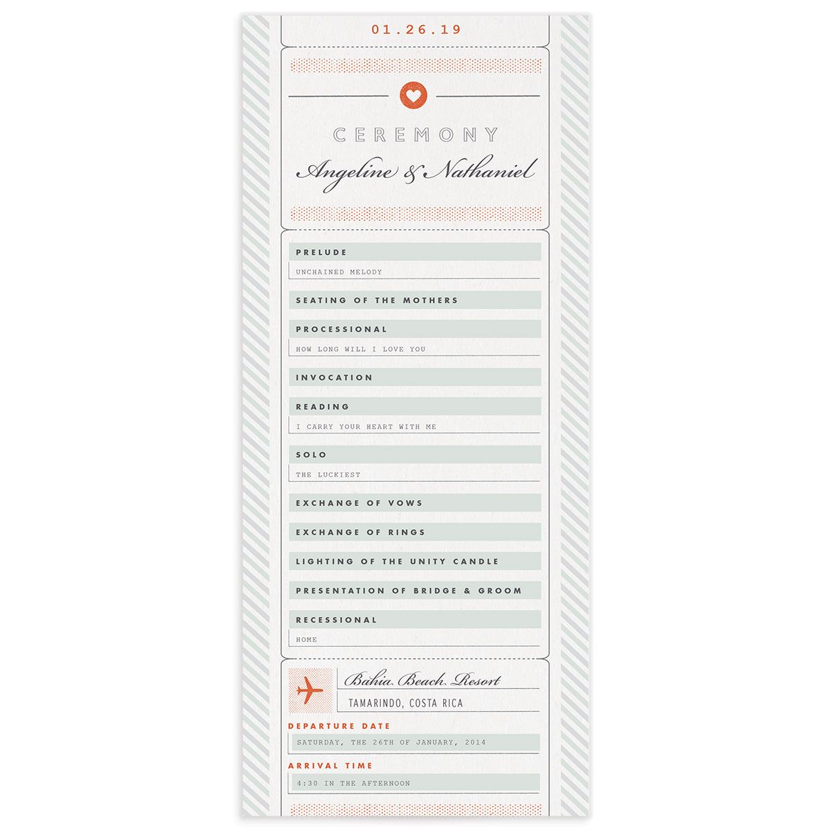 Classic Boarding Pass Wedding Programs front in Jewel Green