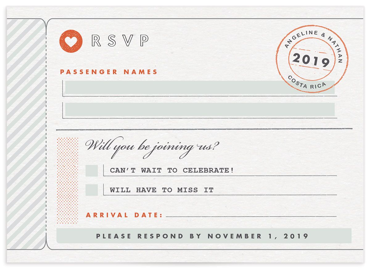 Classic Boarding Pass Wedding Response Cards front in Jewel Green