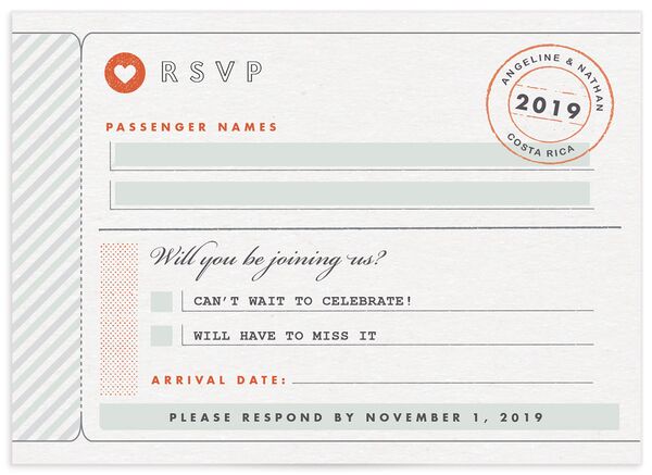 Classic Boarding Pass Wedding Response Cards front in Jewel Green