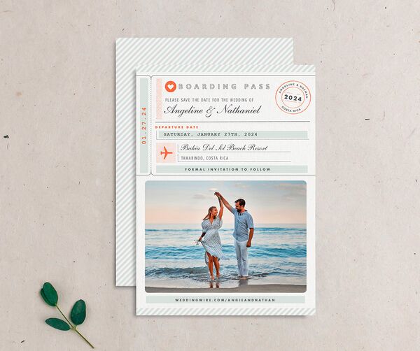 Classic Boarding Pass Save the Date Cards front-and-back in Jewel Green
