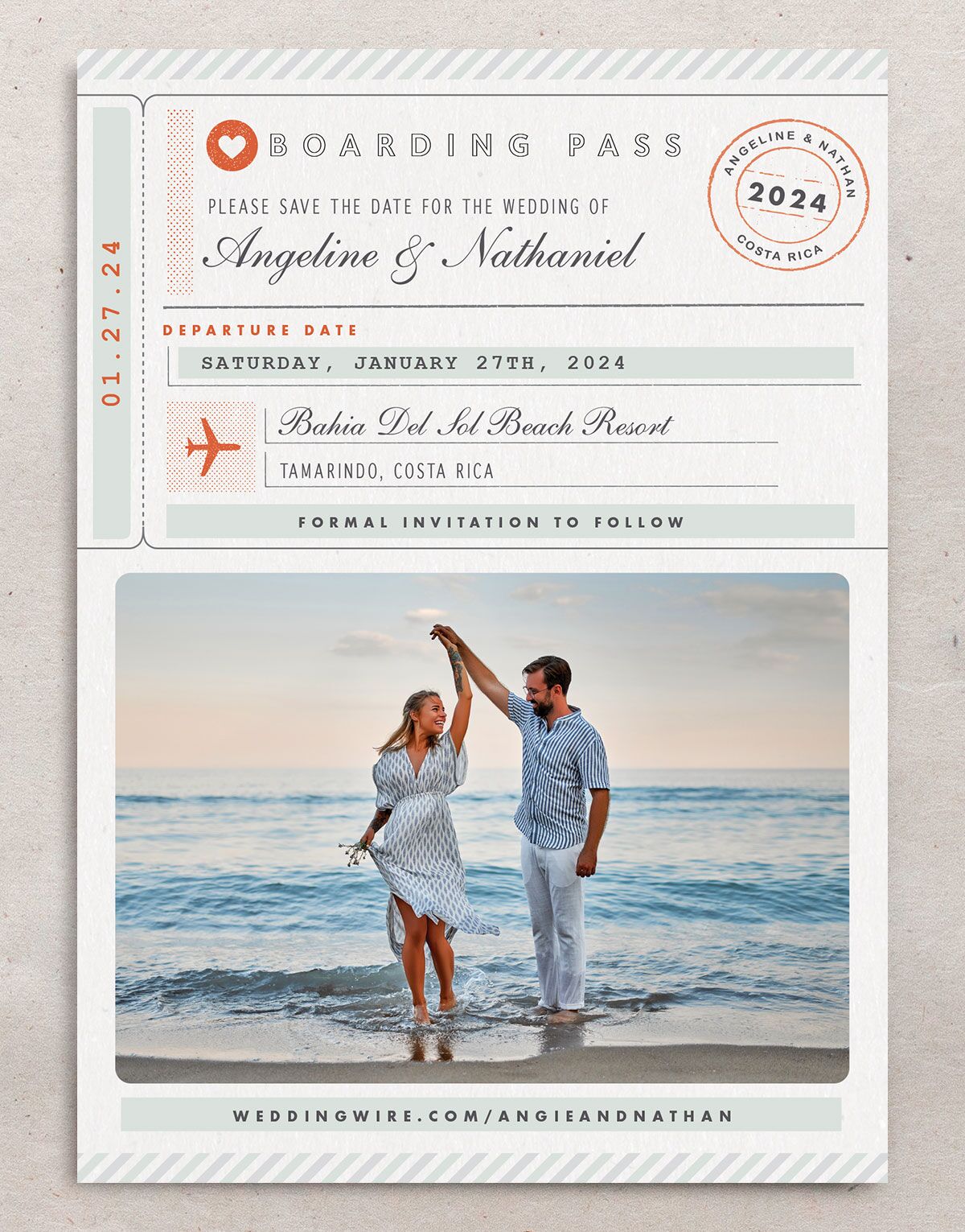 Classic Boarding Pass Save the Date Cards front in Jewel Green