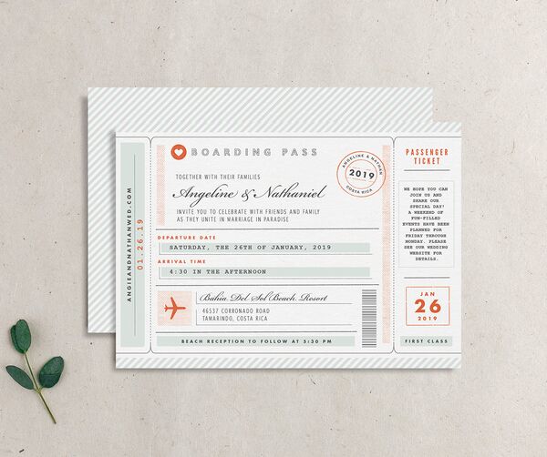 Classic Boarding Pass Wedding Invitations front-and-back in Jewel Green