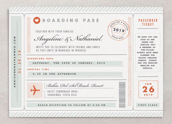 Classic Boarding Pass Wedding Invitations front in Jewel Green