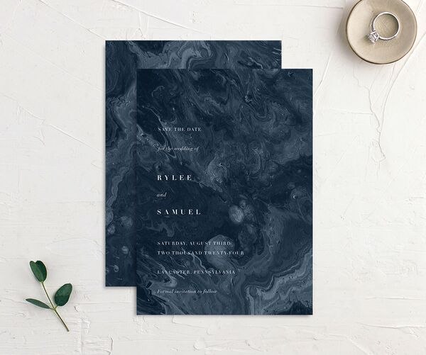 Marbled Canvas Save The Date Cards front-and-back in French Blue
