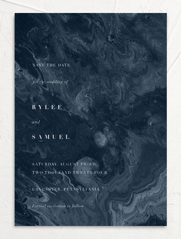 Marbled Canvas Save The Date Cards front in French Blue