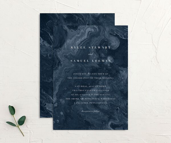 Marbled Canvas Wedding Invitations front-and-back in French Blue