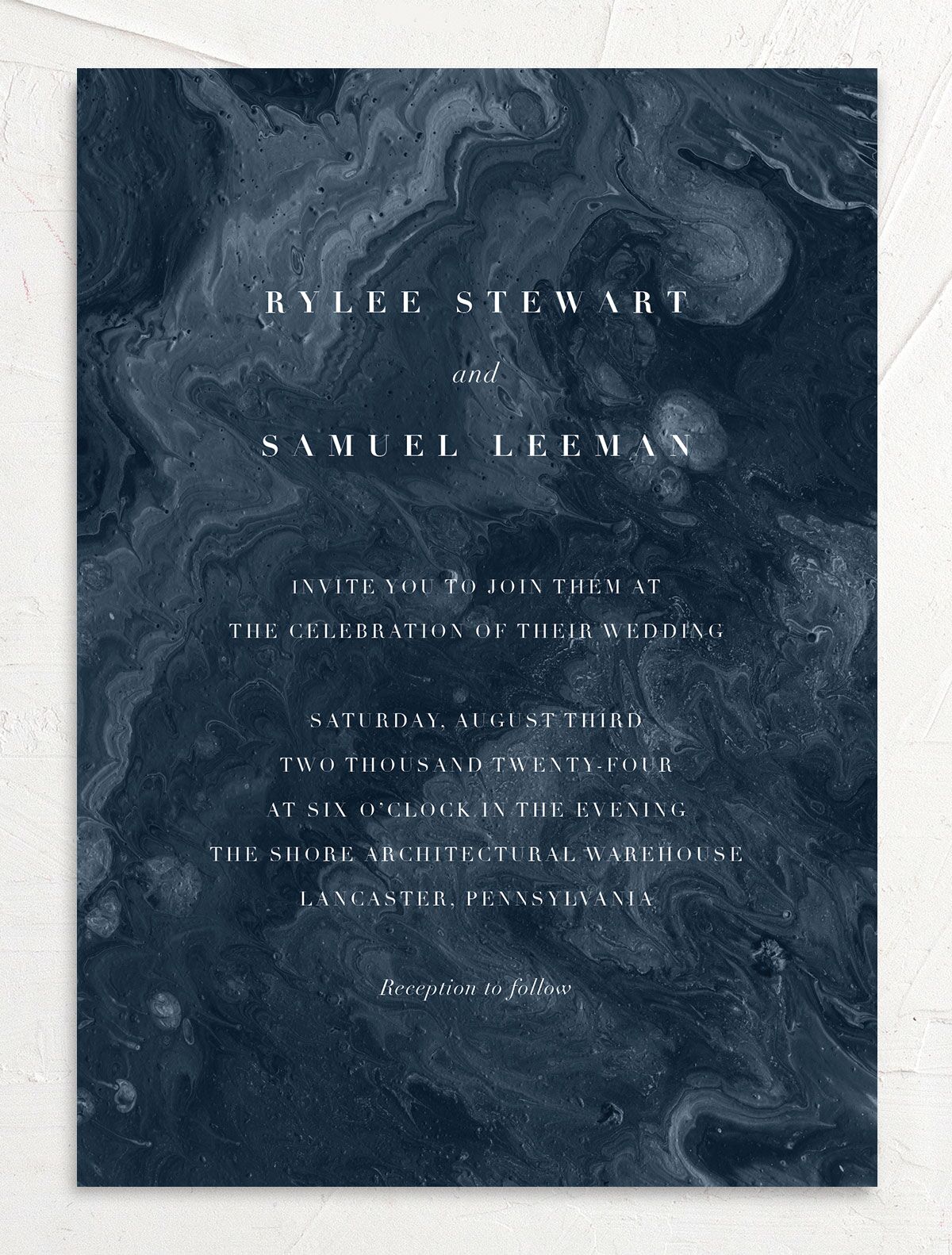 Marbled Canvas Wedding Invitations front in French Blue