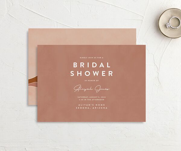 Minimal Mountains Bridal Shower Invitations front-and-back in Ruby