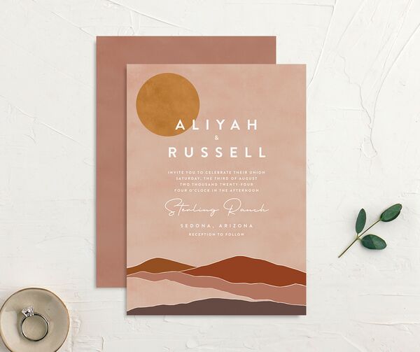 Minimal Mountains Wedding Invitations front-and-back in Ruby