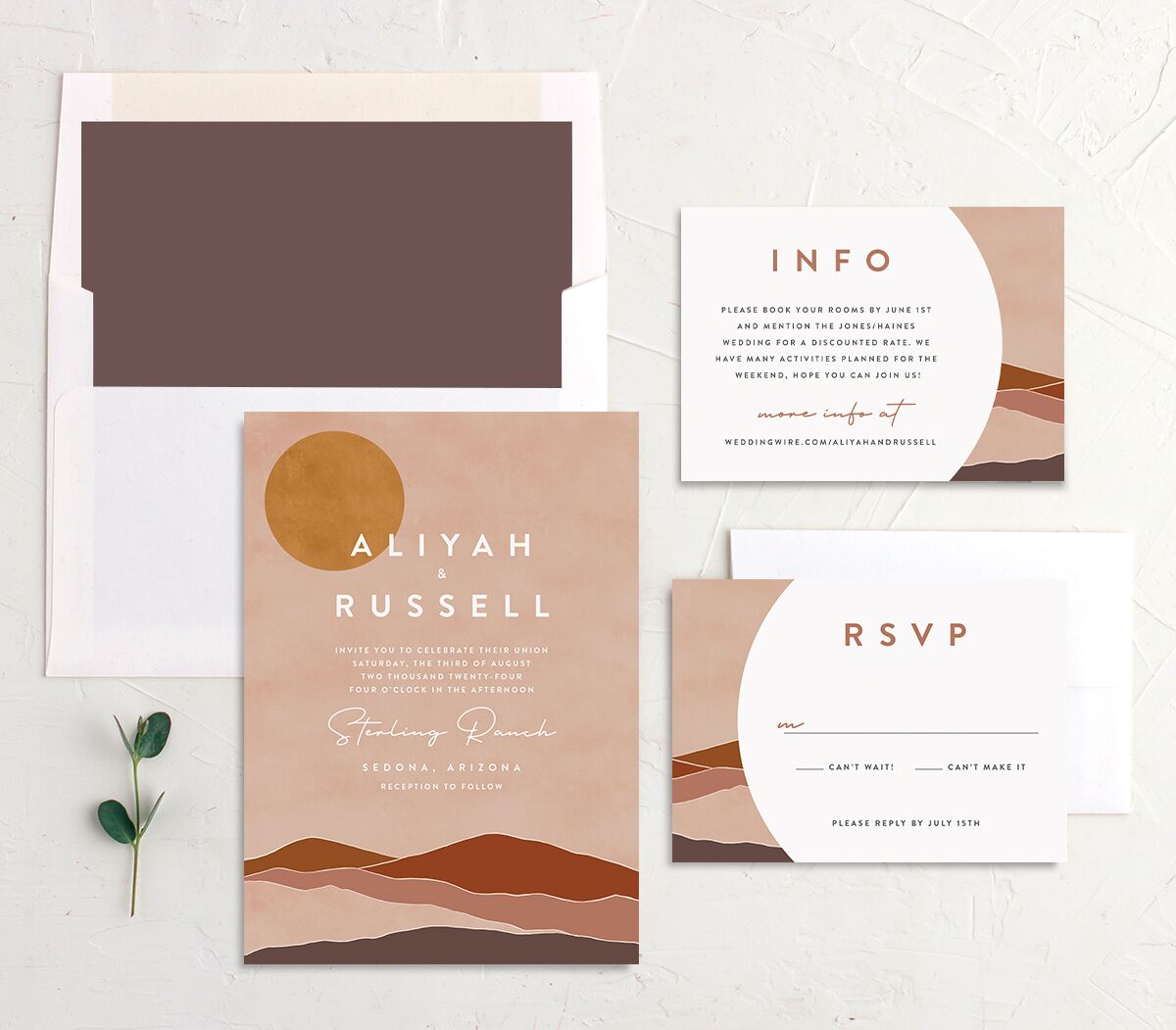 Minimal Mountains Wedding Invitations suite in Ruby