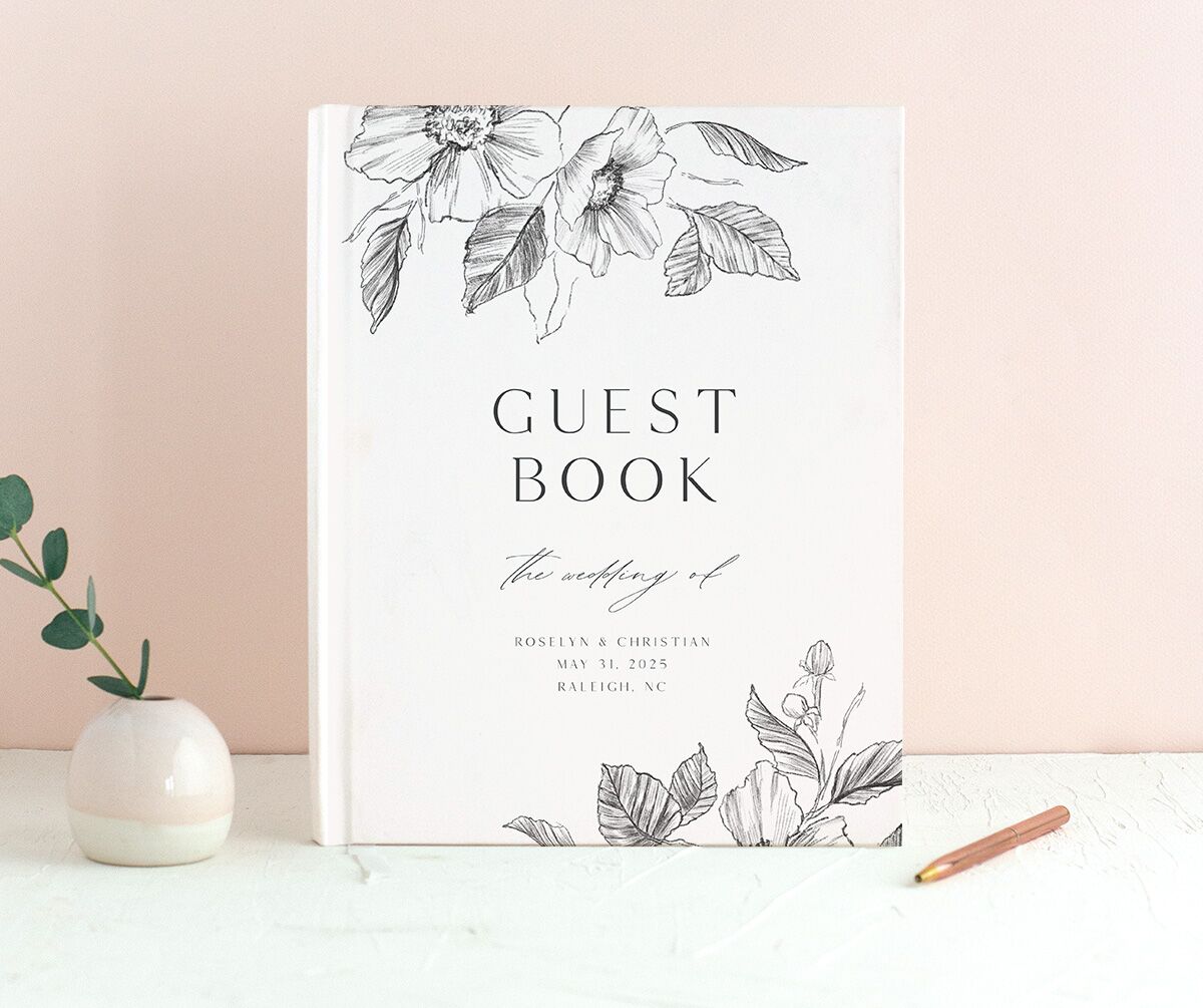 Charcoal Florals Wedding Guest Book front in Grey