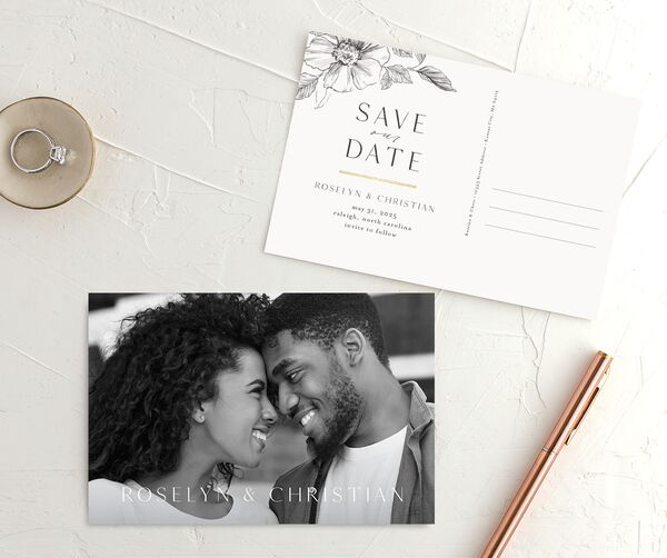 Charcoal Florals Save the Date Postcards front-and-back in Silver