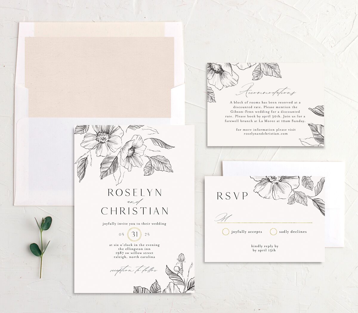 Charcoal Florals Wedding Invitations suite in Silver