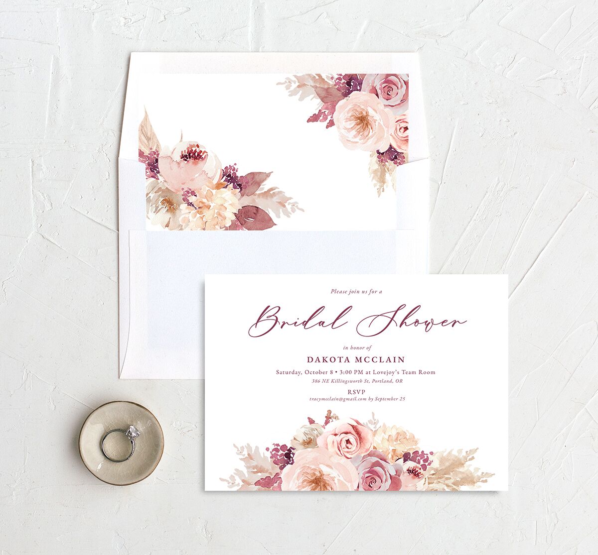Watercolor Roses Bridal Shower Invitations envelope-and-liner in Rose Pink