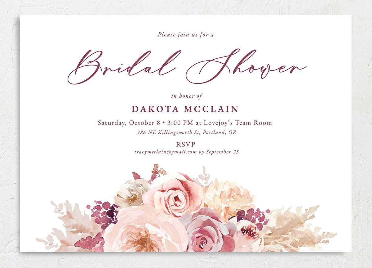 Watercolor Roses Bridal Shower Invitations front in Rose Pink