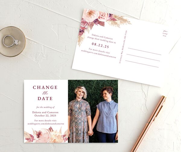 Watercolor Roses Change the Date Postcards front-and-back in Rose Pink