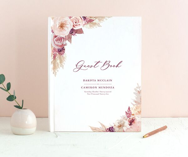 Watercolor Roses Wedding Guest Book front in Rose Pink