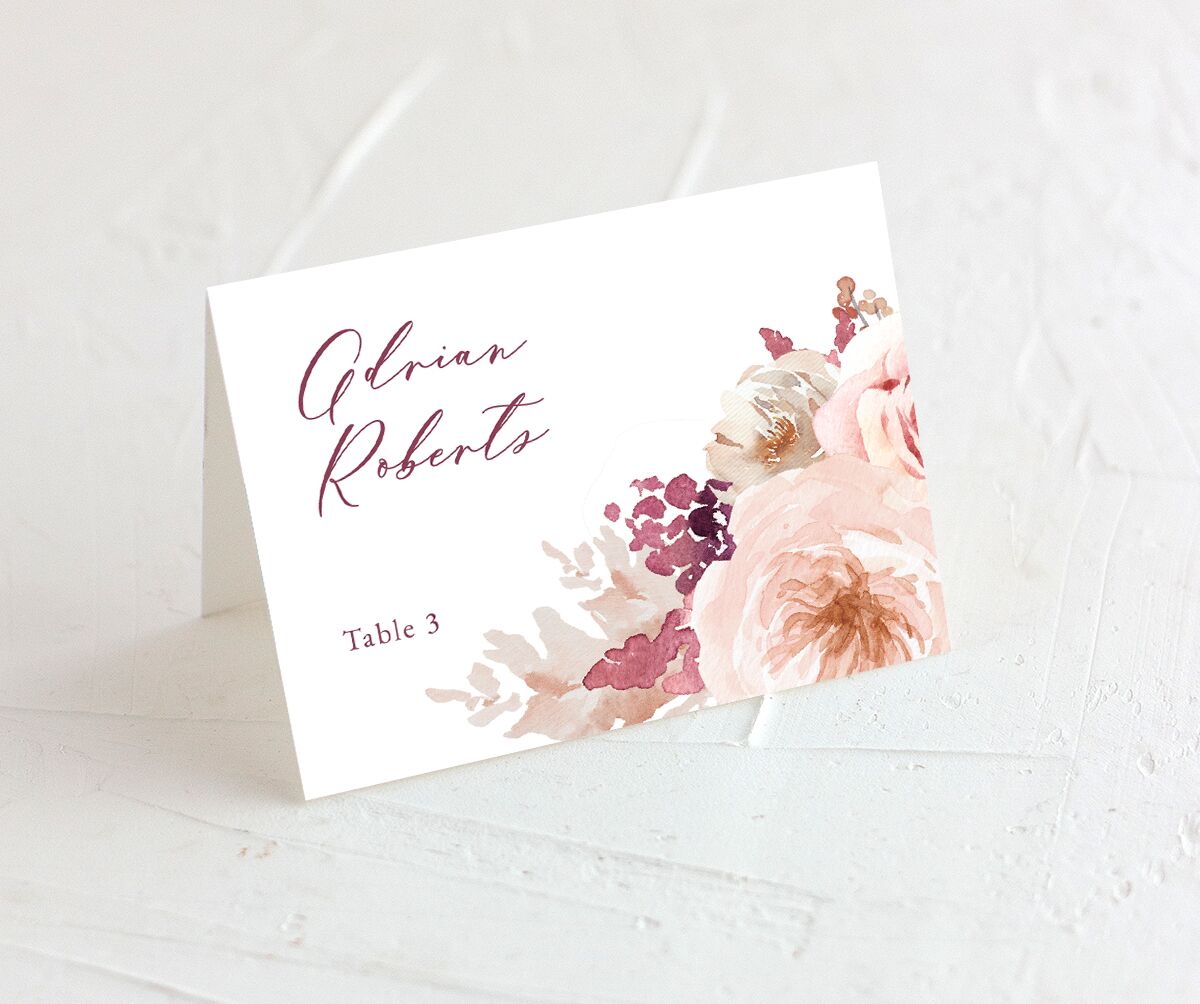 Watercolor Roses Place Cards front in Rose Pink