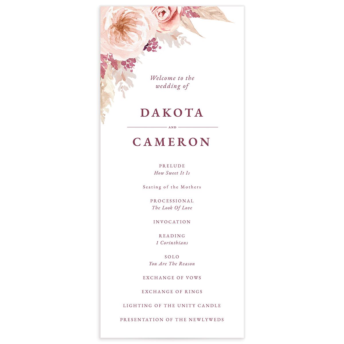 Watercolor Roses Wedding Programs front in Rose Pink