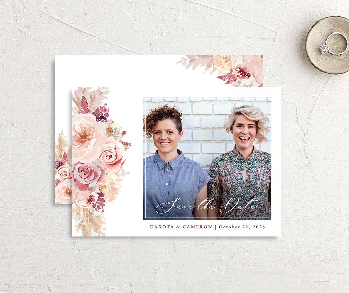 Watercolor Roses Save the Date Cards front-and-back in Rose Pink
