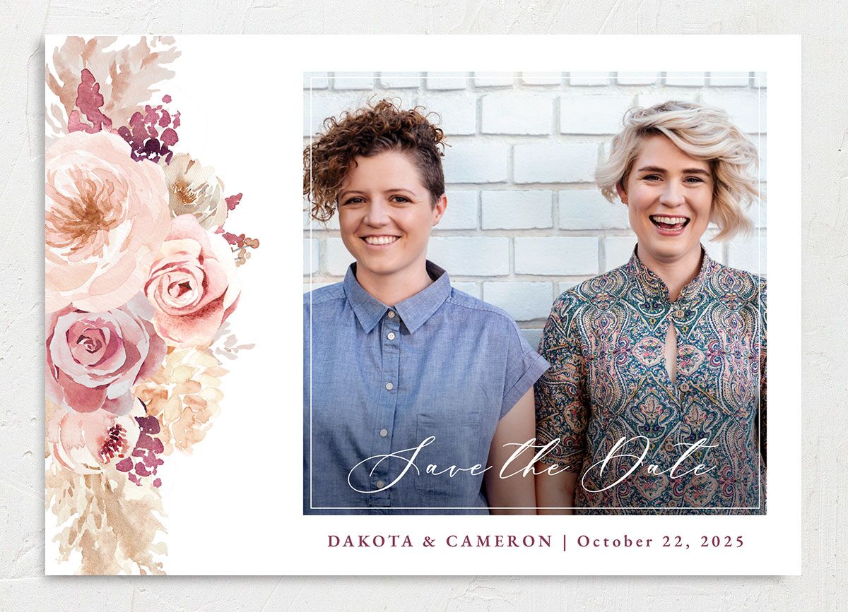 Watercolor Roses Save the Date Cards front in Rose Pink