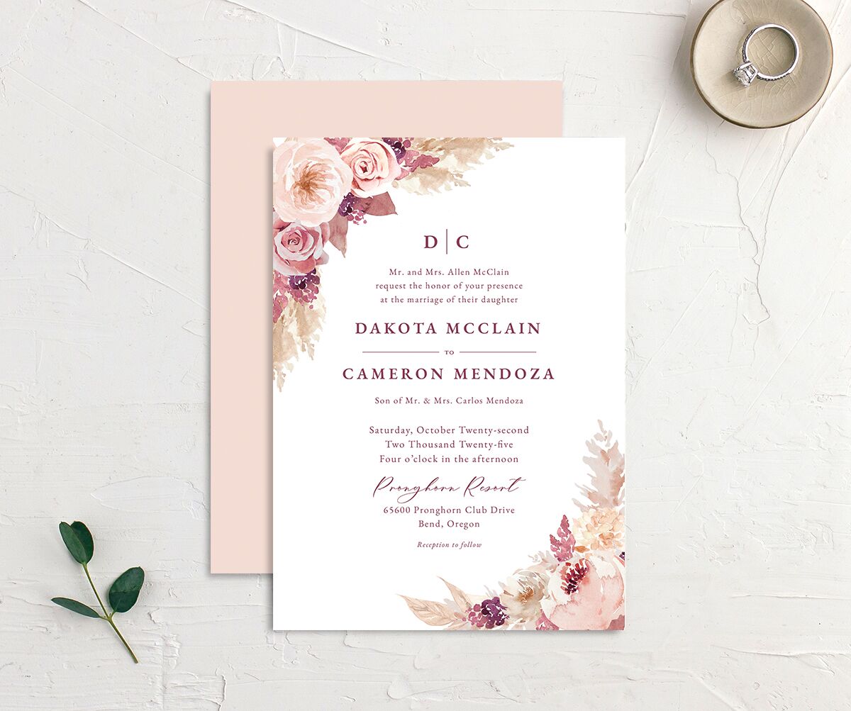 Watercolor Roses Wedding Invitations front-and-back in Rose Pink