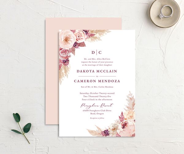 Watercolor Roses Wedding Invitations front-and-back in Rose Pink