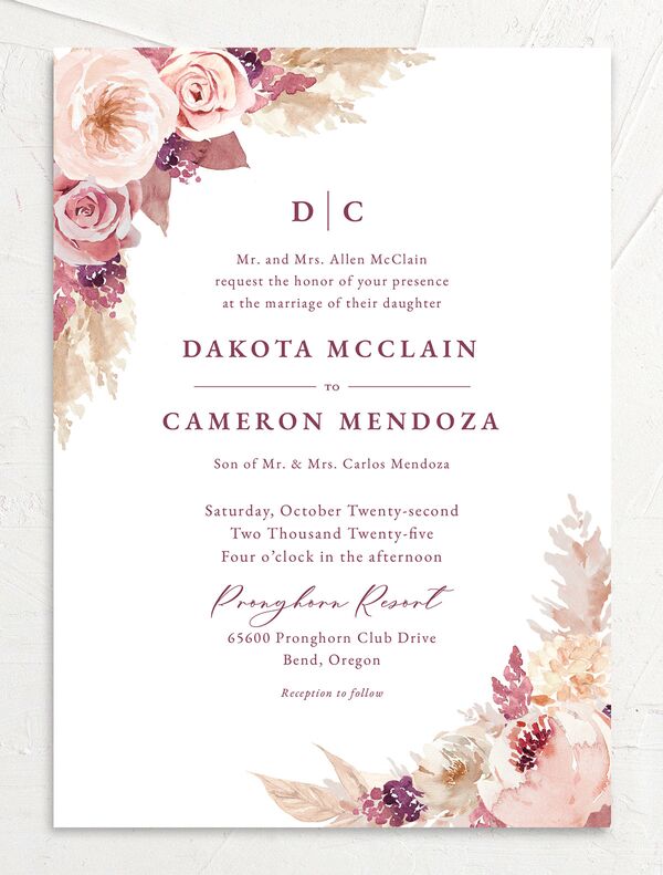 Watercolor Roses Wedding Invitations front in Rose Pink