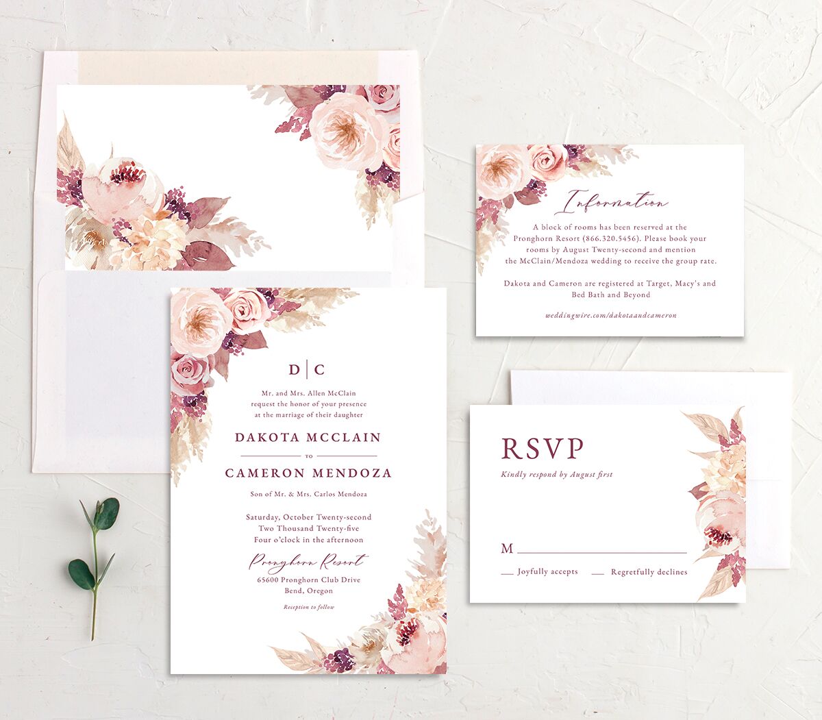 Watercolor Roses Wedding Invitations suite in Rose Pink