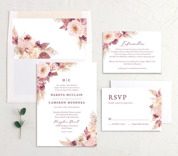 Watercolor Roses Wedding Invitations suite in Rose Pink