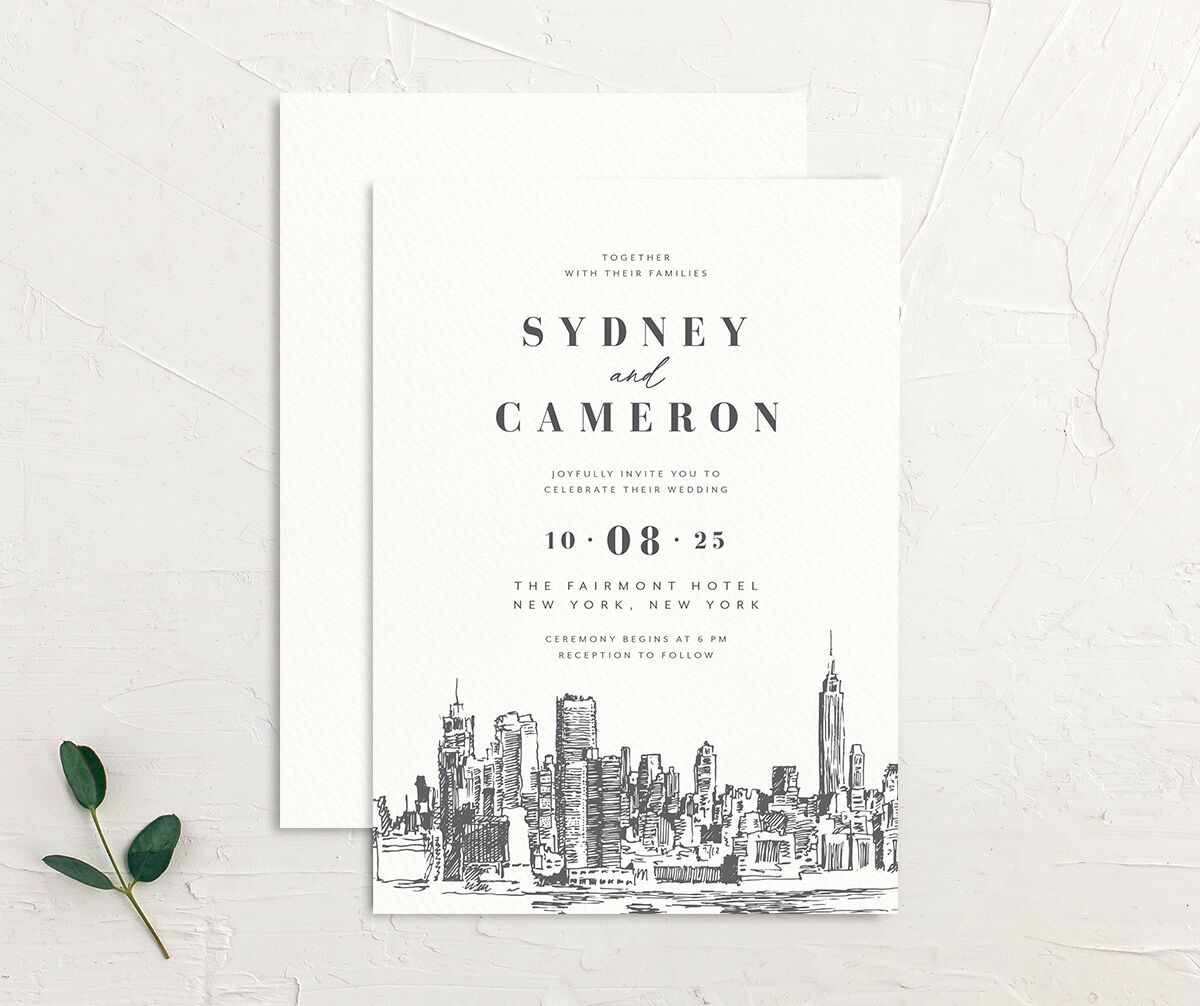 Manhattan Skyline Wedding Invitations front-and-back in Jewel Green