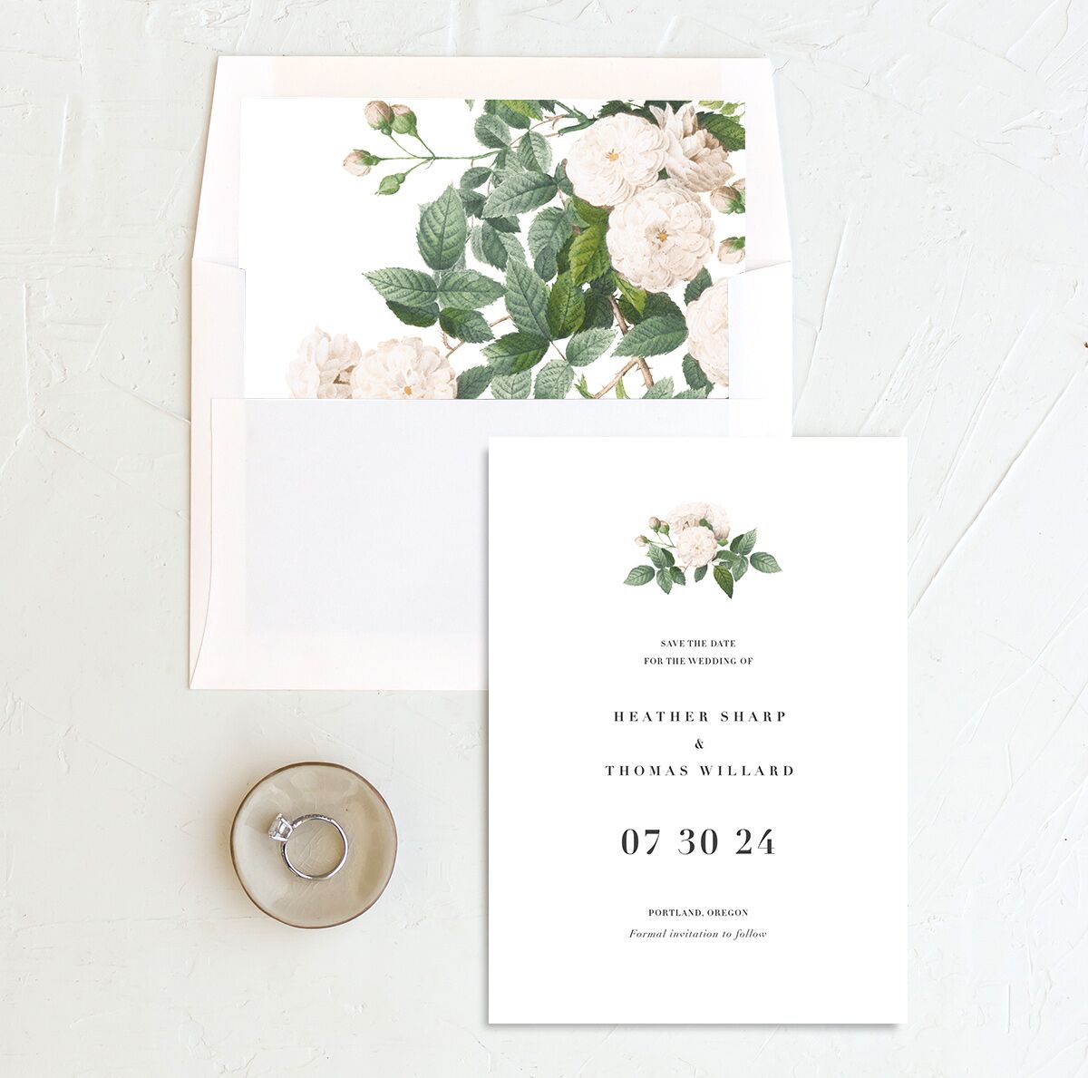 Timeless Blooms Save the Date Cards envelope-and-liner in Pure White
