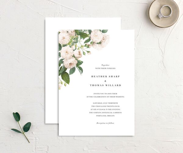Timeless Blooms Wedding Invitations front-and-back in Pure White