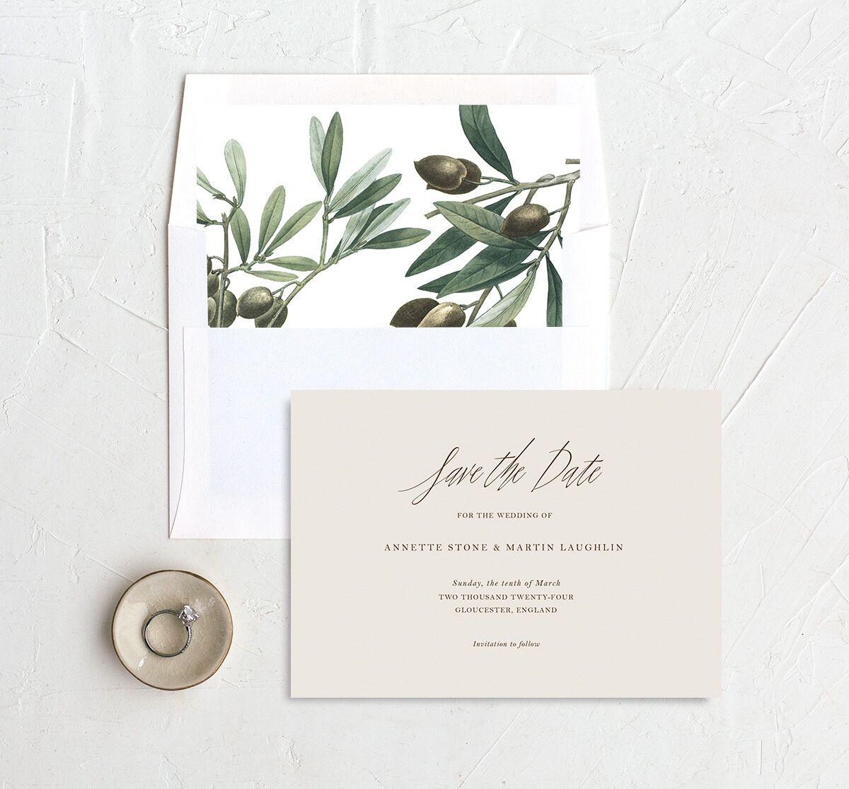 Mediterranean Olive Save the Date Cards envelope-and-liner in Champagne